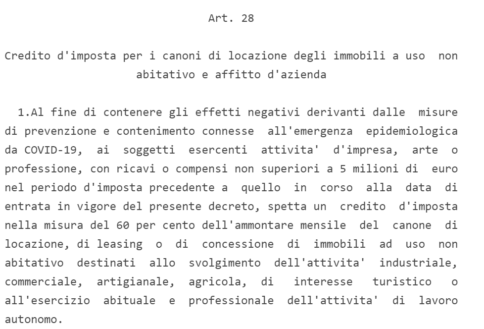 Art.28 c.1 Decreto Rilancio. Fonte: Gazzetta Ufficiale