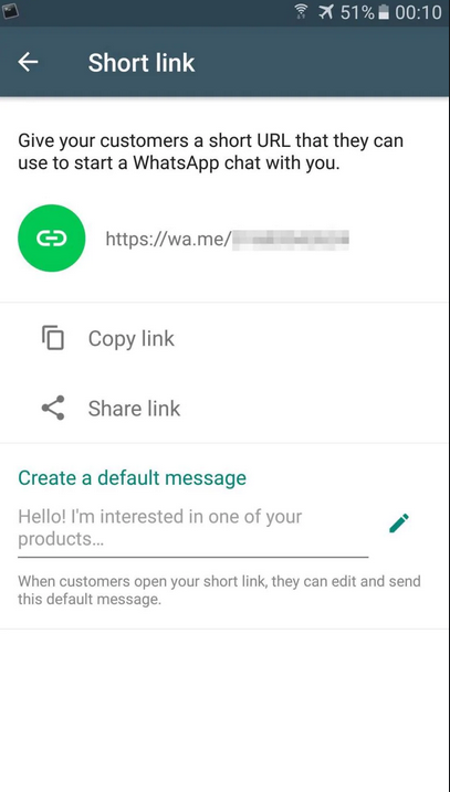 Generazione e condivisione dello short-link di WhatsApp, legato al proprio numero. Credits: mobileworld