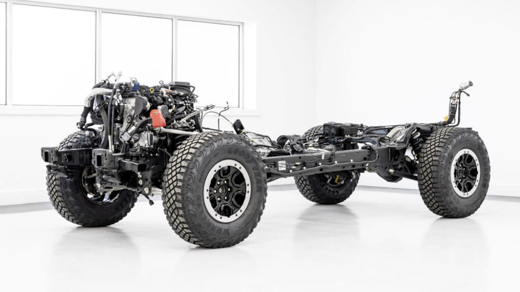 2021 Bronco chassis and powertrain with 2.7-liter EcoBoost V6 engine, 10-speed automatic transmission and Sasquatch Package suspension and tires.