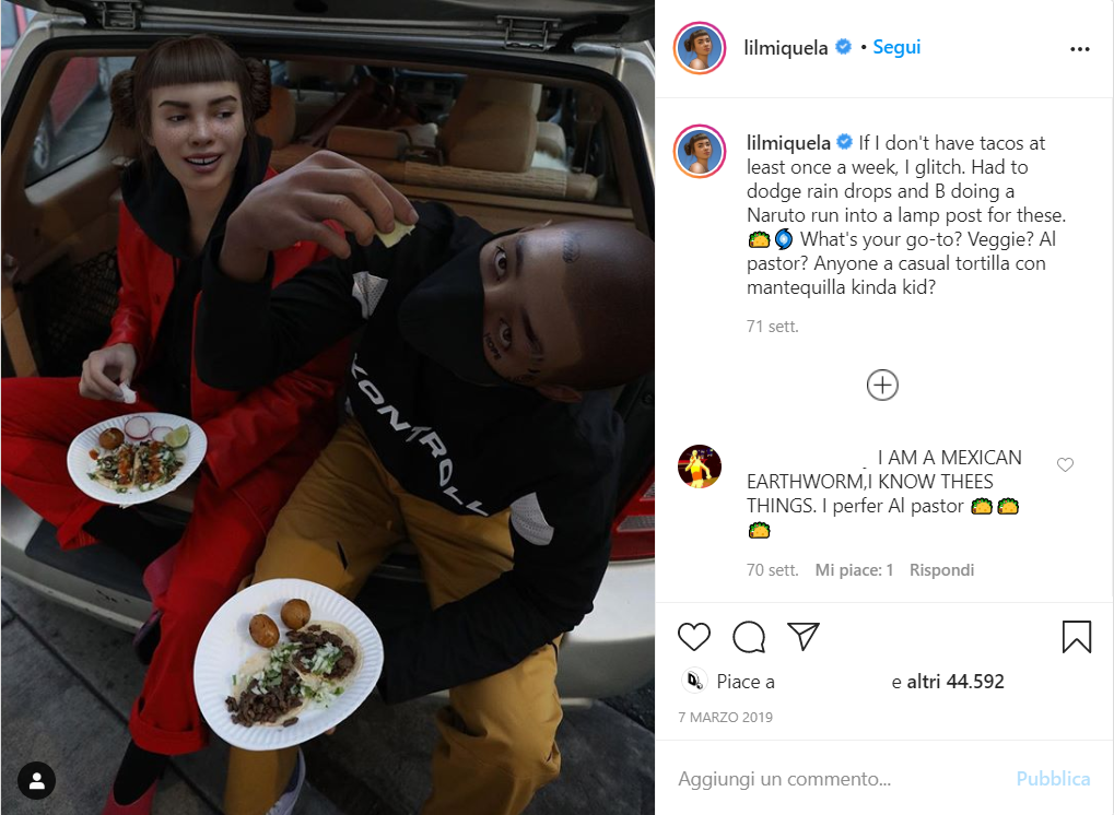 Un post di Lil Miquela su Instagram, assieme a Blawko.