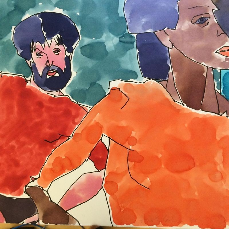 Il primo disegno a colori fatto per il Computer Museum di Boston da AARON, 1995 (https://www.computerhistory.org/atchm/harold-cohen-and-aaron-a-40-year-collaboration/)