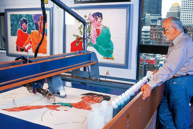 Harold Cohen e AARON, il robot pittore di sua invenzione (https://creativefuture.co/artificial-intelligence-machine-learning-in-creative-fields-creative-ai/)