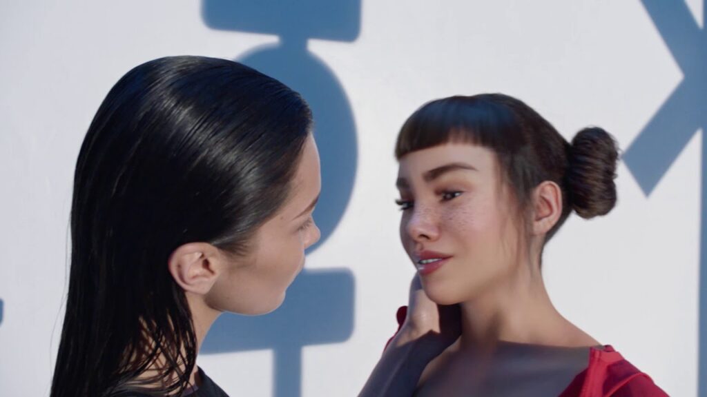 La supermodella Bella Hadid con Lil Miquela, l'influencer virtuale di Instagram, in un recente spot di Calvin Klein. Credits: artribune