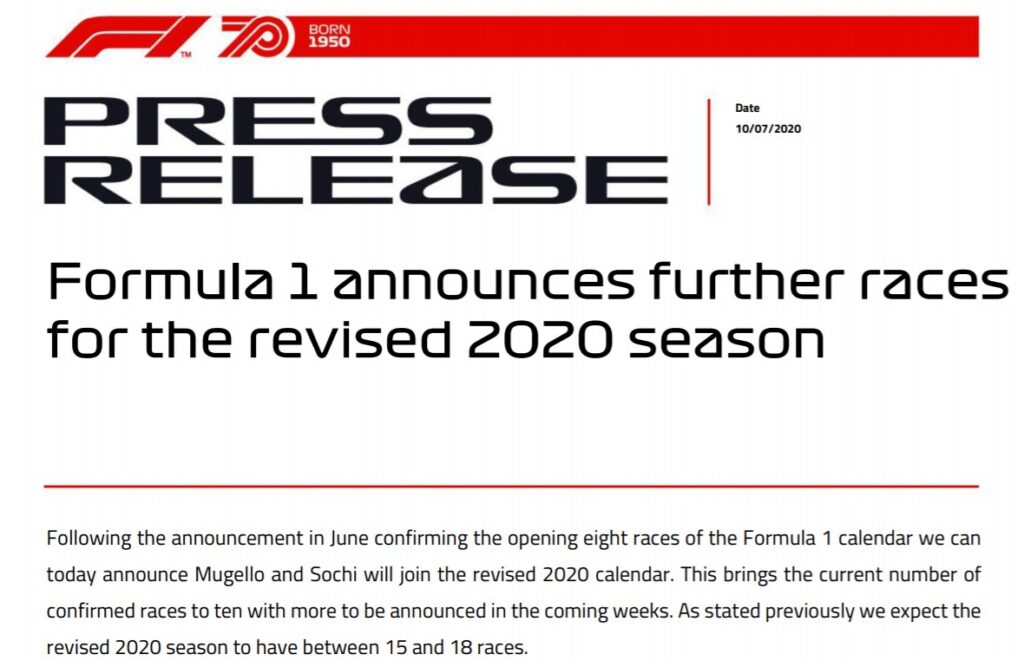 Il comunicato della F1
