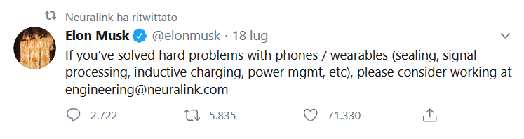 Tweet di Musk per la collaborazione con Neuralink: se hai risolto problemi difficili con smartphone o wearables, considera di poter lavorare presso Neuralink