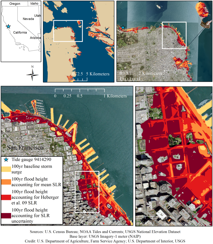 Studio sull'impatto dell'innalzamento del livello del mare e i rischi di alluvione nella baia di San Francisco. Ph: journals.plos.org