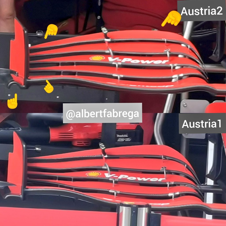 Le differenze tra la nuova ala Ferrari, in alto, e quella portata domenica. Immagine di Albert Fabrega