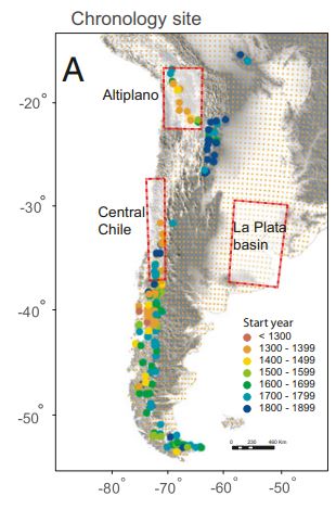 Mappa degli alberi utilizzati per la ricostruzione cronologica degli eventi climaticifonte: pnas.org