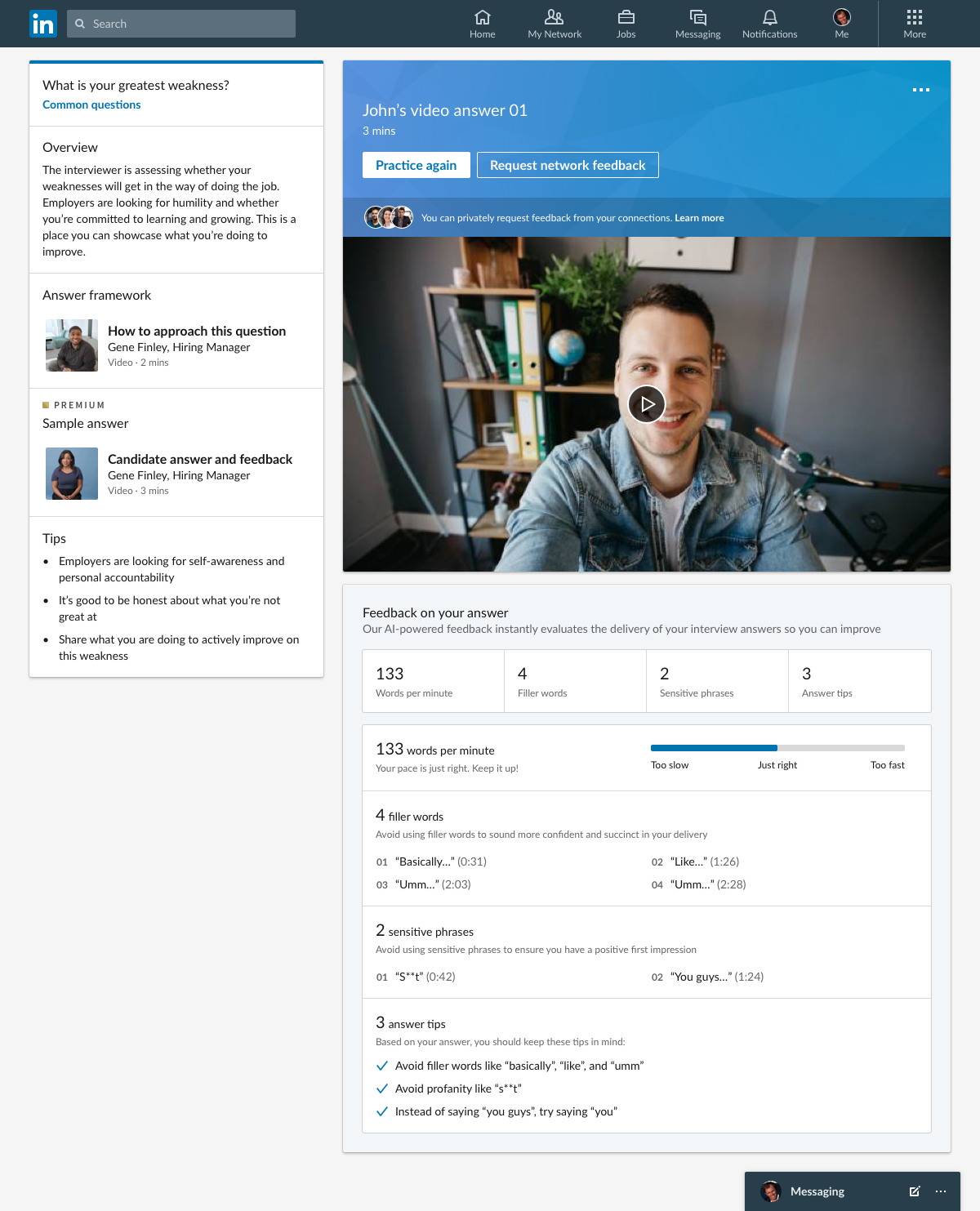 Esempio del feedback di intelligenza artificiale sul video presentativo