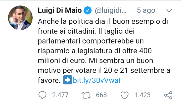 Quanto si risparmia con il taglio del numero dei Parlamentari?