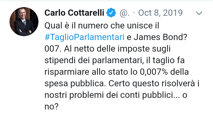 Quanto si risparmia con il taglio del numero dei Parlamentari?