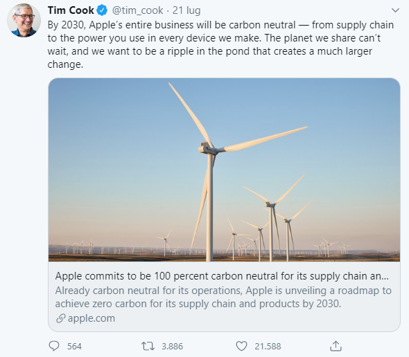 Tim Cook annuncia il piano zero emissioni. Credits: Twitter