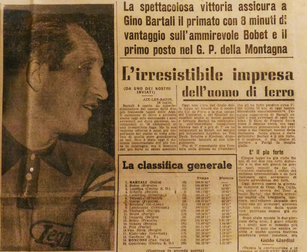 "La Gazzetta dello Sport": Bartali, "l'uomo di ferro" maglia gialla nel '48