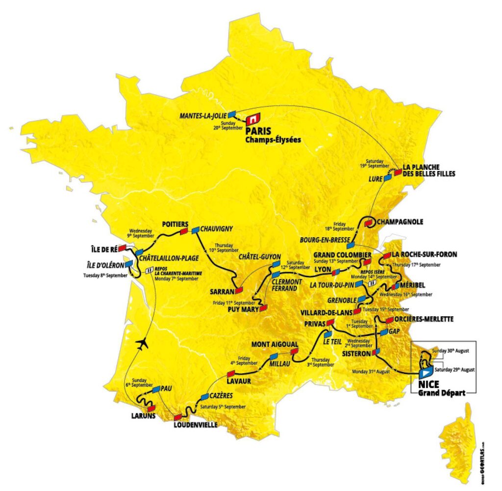 Itinerario del Tour de France 2020, in basso a destra la Grand Départ da Nizza