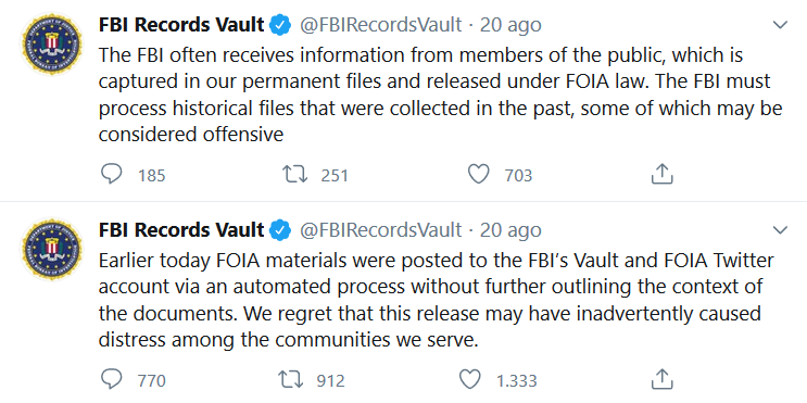 La pubblicazione delle scuse via Twitter da parte dell'account ufficiale FBI
