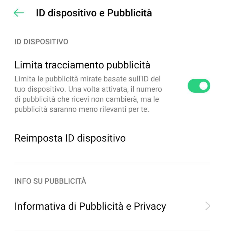 Schermata di esempio per eliminare/limitare l'ID pubblicità