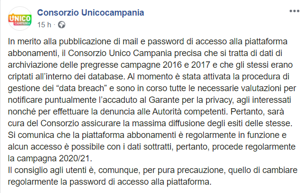 Il post su Facebook di Unico Campania col quale il consorzio avvisa gli utenti dell'attacco.
