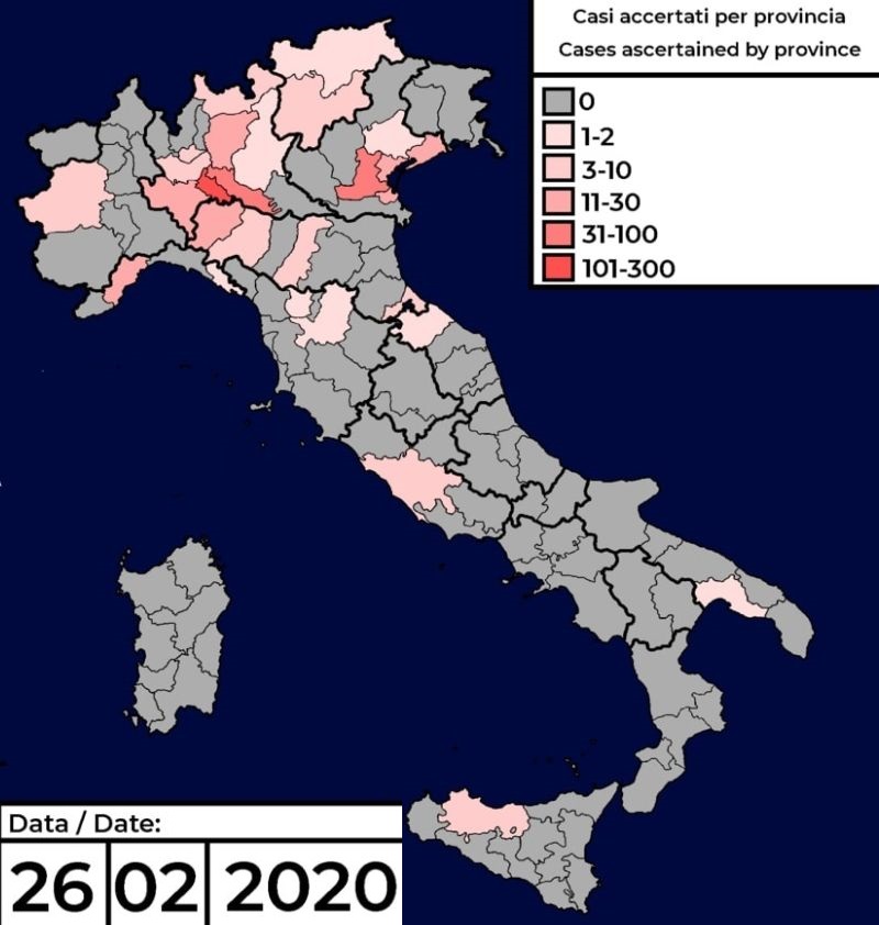 Mappa della diffusione del Covid-19 in Italia per provincia, aggiornata al 26 Febbraio 2020. Credits: modificata dall'immagine di Dany Crash