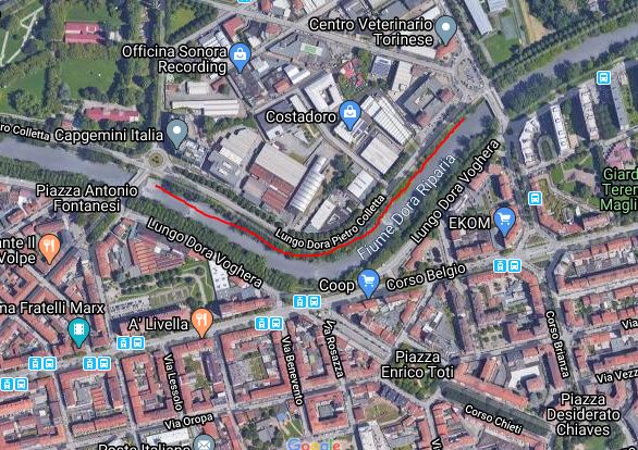 Mappa del tratto interessato dai lavori della nuova centrale idroelettrica sulla Dora Ripariafonte: maps.google.it