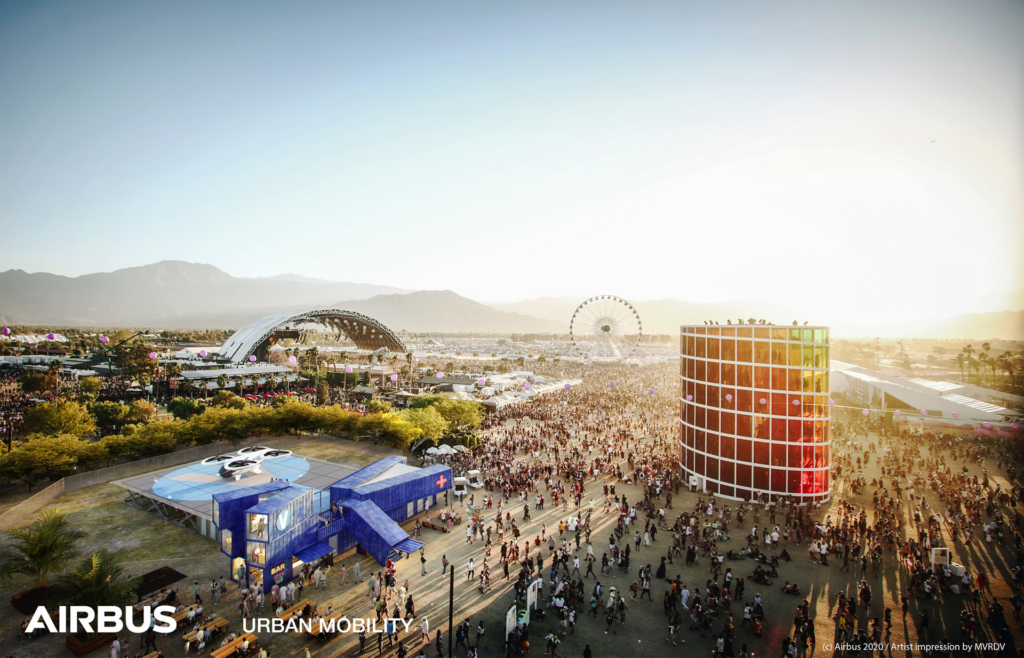 Rendering di una piattaforma per Urban Mobility presso il Coachella FestivalCredits: Airbus