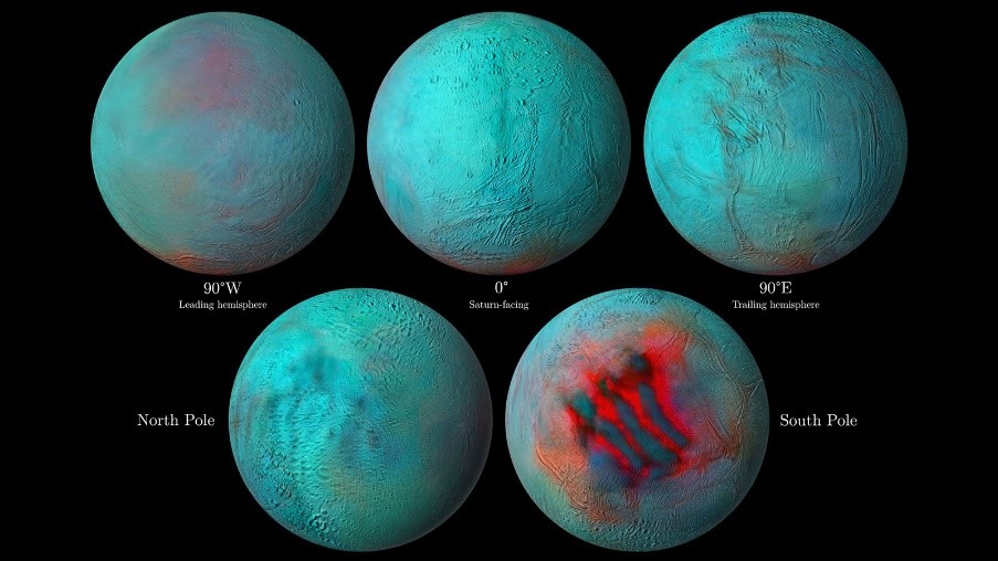 Encelado agli infrarossi: le zone colorate di rosso indicano del ghiaccio giovane (in tempi astronomici) depositato sulla superficieCredits: NASA/JPL-Caltech/University of Arizona/LPG/CNRS/University of Nantes/Space Science Institute