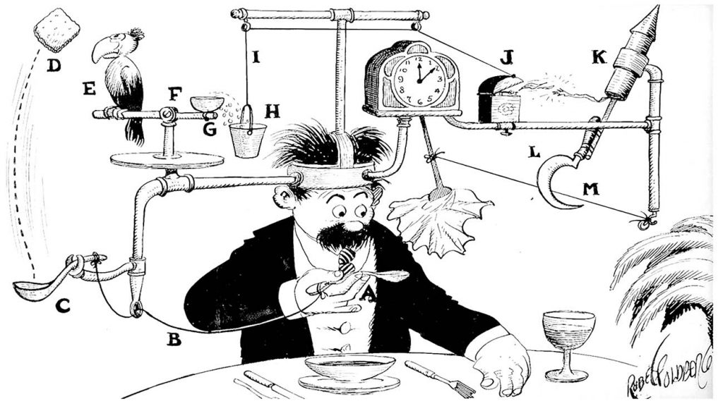 Il tovagliolo automatico, una delle invenzioni di Rube Goldberg. Ph: techprincess.it