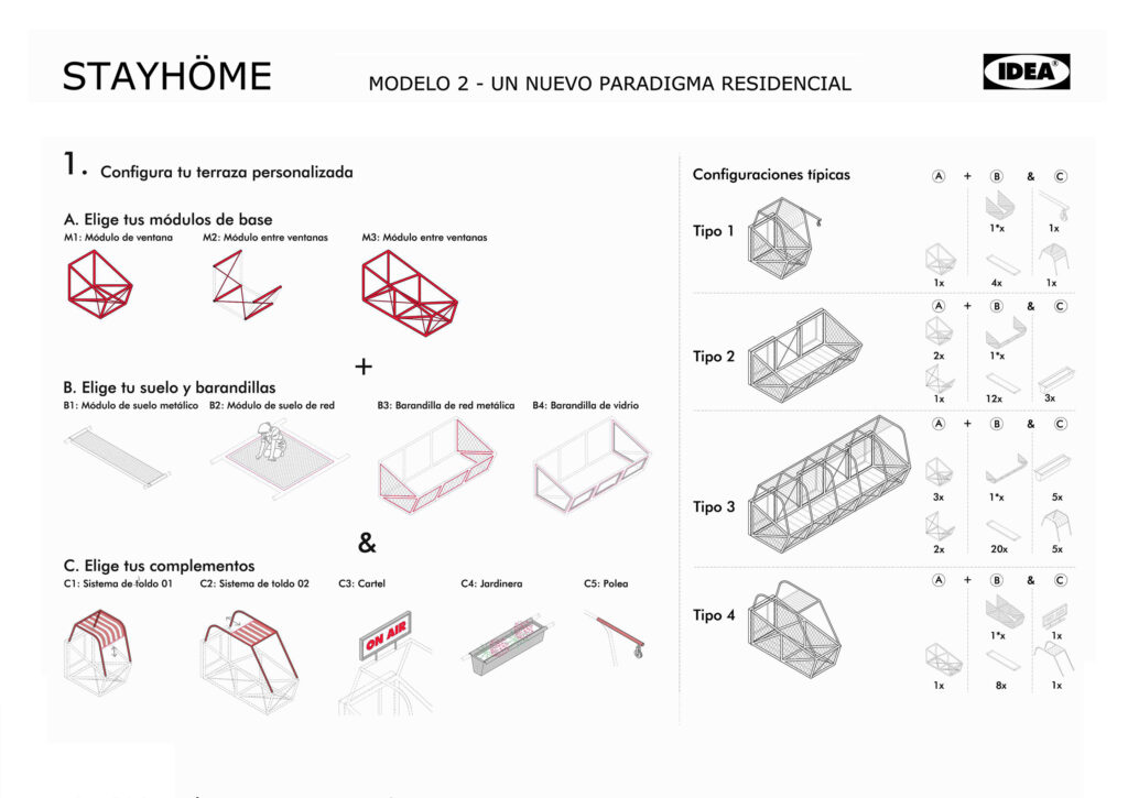 Tipologie di moduli pensate da Luis Quintano come balconi prefabbricati. PH: idealista.it