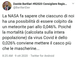 Il Tweet del consigliere regionale. Da notare la scarsa conoscenza dei concetti di possibilità e probabilità