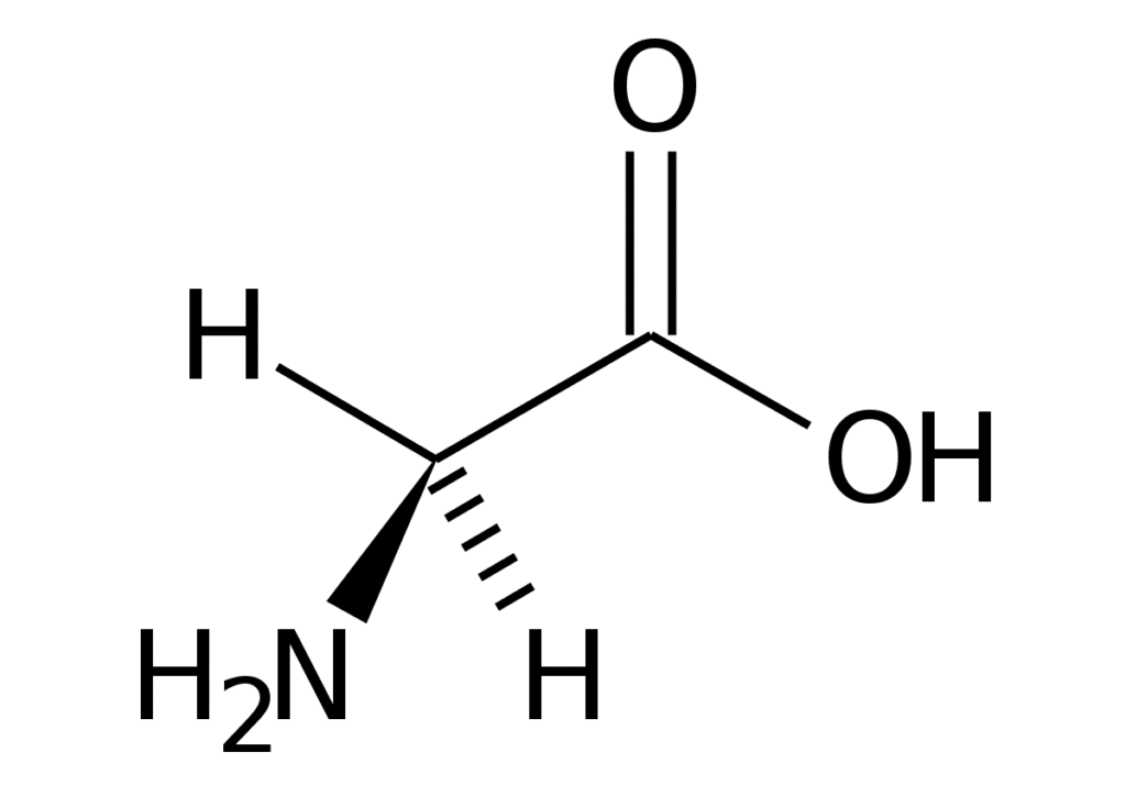 Struttura chimica della glicina, acido amminoetanoico. In basso a destra osserviamo il gruppo ammino tipico delle macromolecole amminoacidi. Preseguendo verso l'alto troviamo i due carboni, al primo dal basso (che non è chirale) sono legati i due sostitue