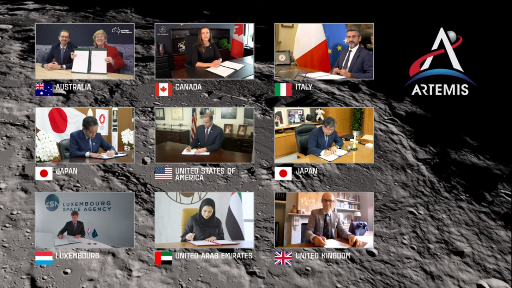 I 9 Paesi firmatari degli Accordi Artemis riuniti in teleconferenza. Credits: NASA video