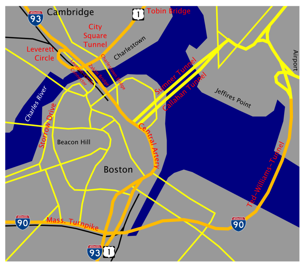 Mappa del tunnel che attraversa il centro di Boston. Ph: wikipedia.org