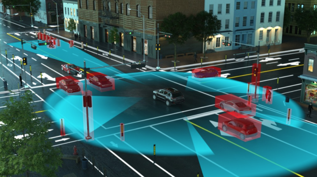 Illustrazione funzionamento sensori lidar su autovettura a guida autonoma. Credits: LeddarTech.
