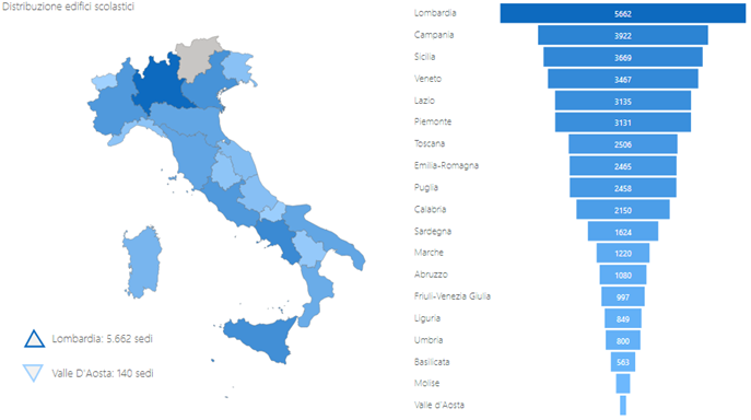 Distribuzione edifici scolastici in Italia. Elaborazione su base dati MIUR 2018-19, immagine realizzata da Rosalia Moffa.