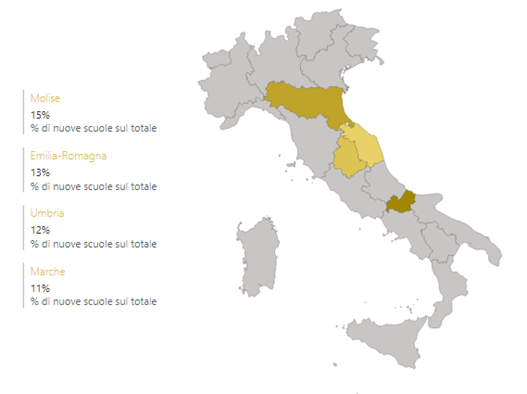 Regioni con più del 10% di sedi scolastiche edificate dopo il 2000. Elaborazione su base dati MIUR 2018-19, immagine realizzata da Rosalia Moffa.