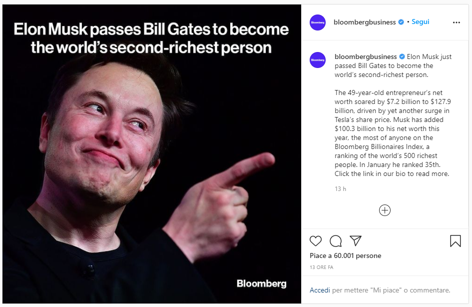 Il post di Bloomberg su Elon Musk. Fonte: Instagram