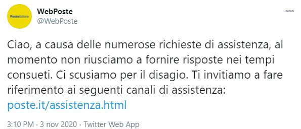 Il post Twitter pubblicato da Poste Italiane per scusarsi con i propri utenti per il mancato accesso allo SPID.