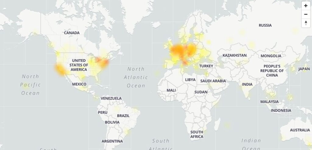 Credit: Downdetector. Le zone colpite da questo malfunzionamento di YouTube sono state piuttosto vaste sebbene il problema sia rientrato velocemente ovunque.