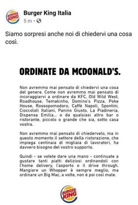 Nell'immagine: il post di Burger King