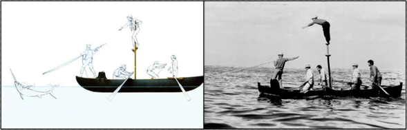 Figura 1- disegno e antica foto di un luntru in caccia sullo stretto di Messina (Fonte in questo numero Storia di una Nave - PDF Download gratuito (docplayer.it)  Un porto un pesce » MetroCT)