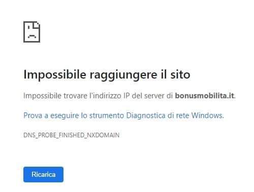 Schermata del sito in tilt