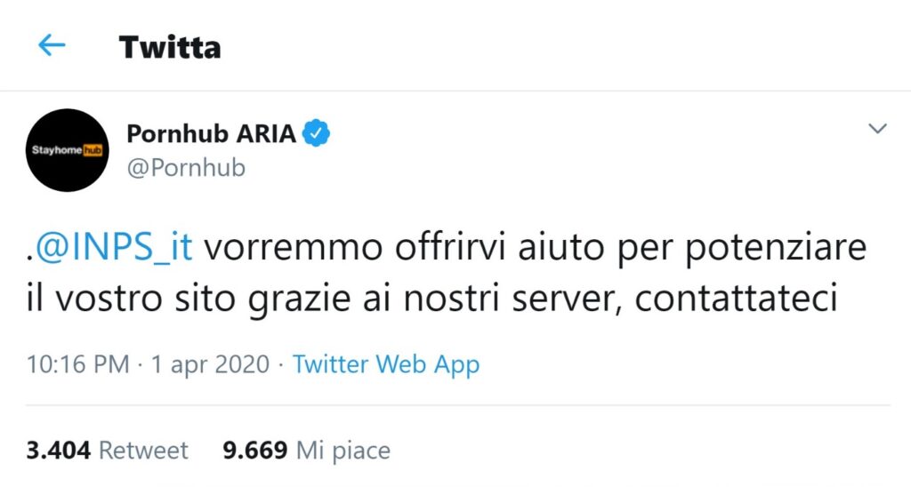 Pornhub ha offerto il suo aiuto all'INPS ad Aprile.