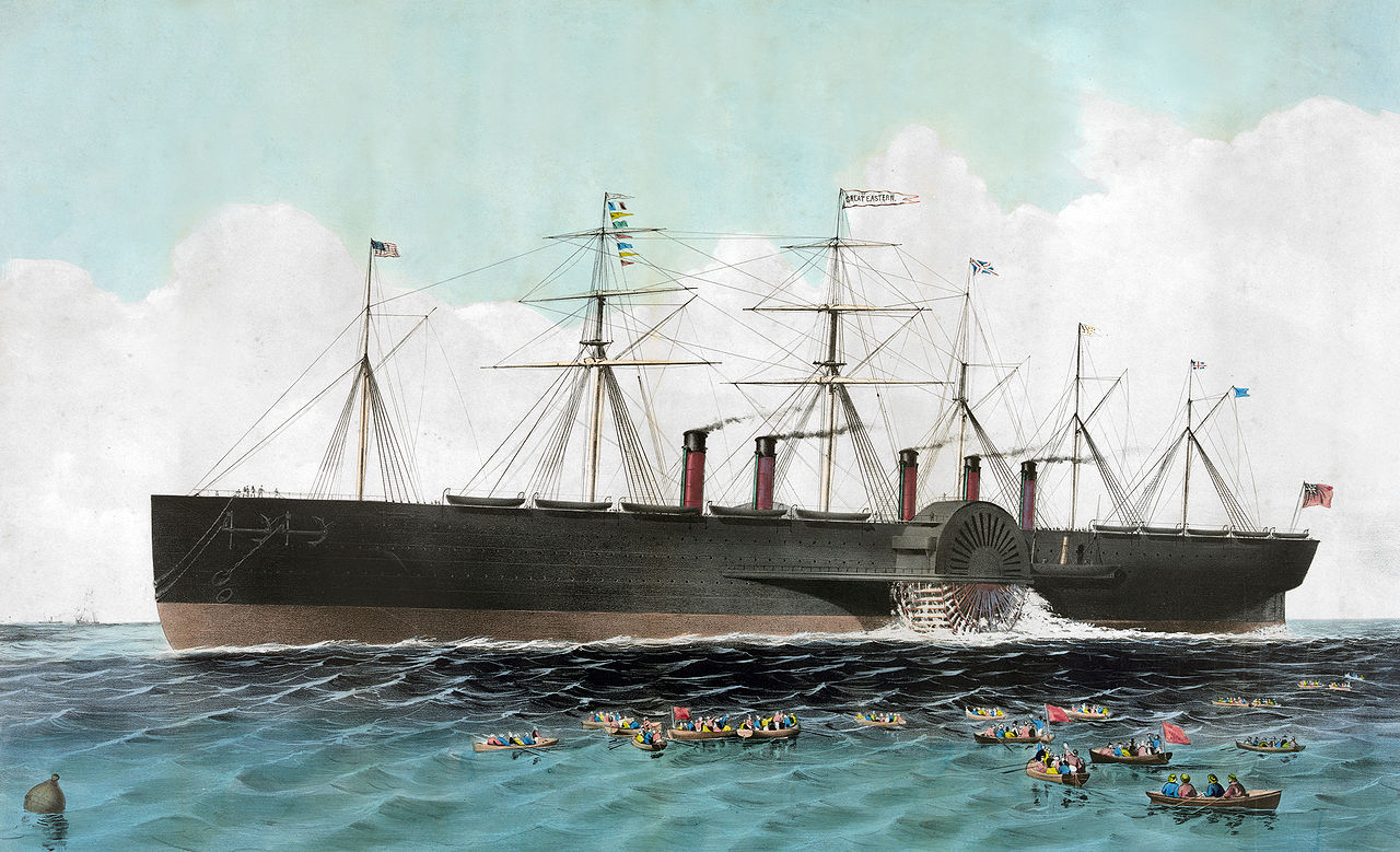 Litografia colorata a mano della SS Great Eastern, la grande nave di IK Brunel come immaginata dall'artista al suo varo nel 1858. Credits: wikipedia