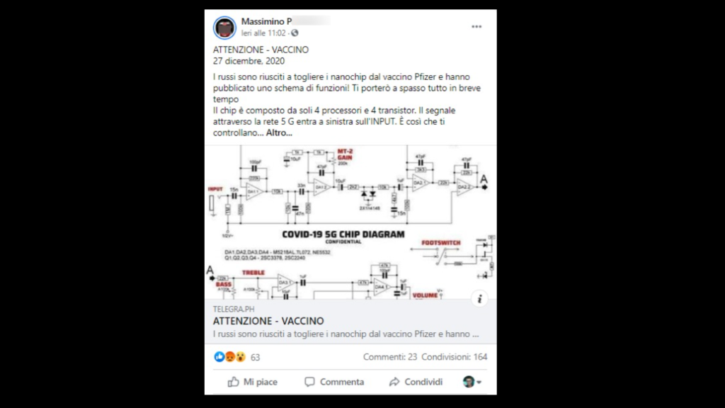 Uno dei tanti post in cui si condivide la notizia del microchip nel vaccino. Credits: Open