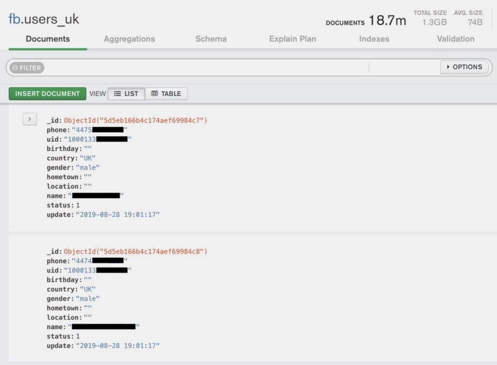 I record degli account Facebook finiti online. Credits: Tech Crunch