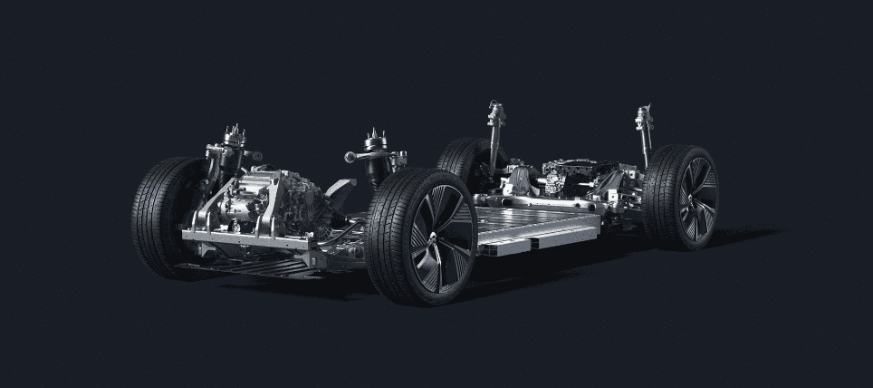 La piattaforma della nuova NIO ET7: si notino i due motori e il pacco batterie a livello del pianale. Credits: www.Nio.com