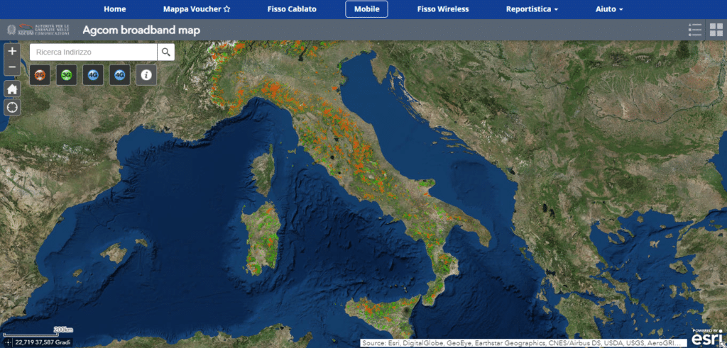 Credit: Map AGCOM. Mappa della copertura 4G sul territorio nazionale