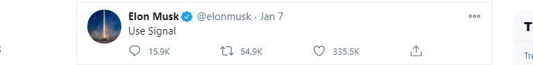 Il tweet di Elon Musk in favore del download di Signal al posto di WhatsApp.