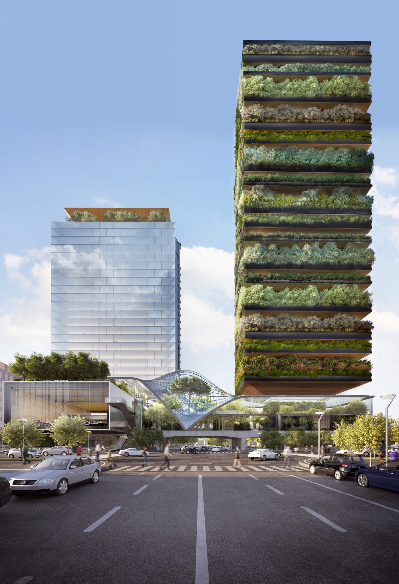 Il progetto nel suo complesso. A sinistra il Pirellino, a destra la nuova torre verde e al centro il ponte che fungerà da serra. PH: dezeen.com