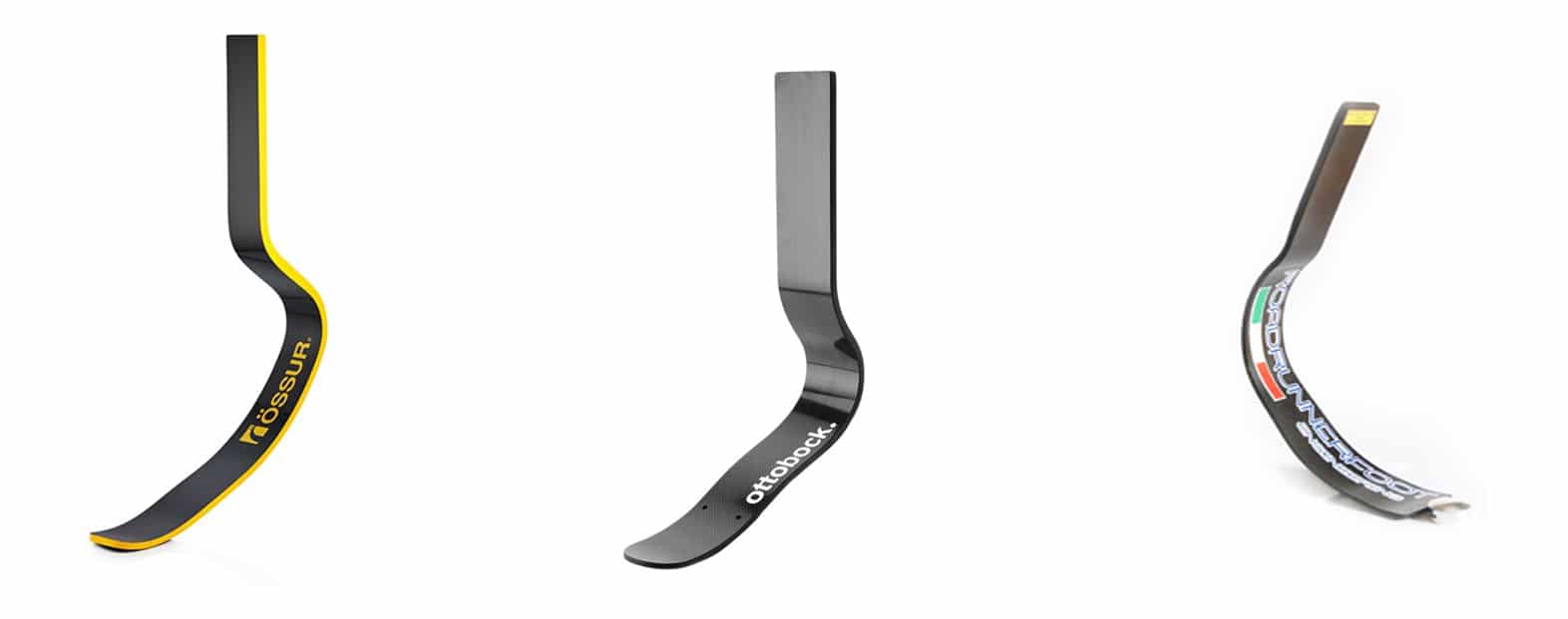 La protesi Cheetah® di Ossür, il piede 1E90 Sprinter® di Ottobock e lo Sprinter’s King® di Roadrunnerfoot. Credits: Ossur, Ottobock, Roadrunnerfoot