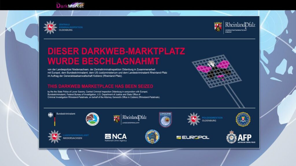L'avviso di chiusura di DarkMarket, tra i più grandi mercati neri del deep web. Credits: Europool